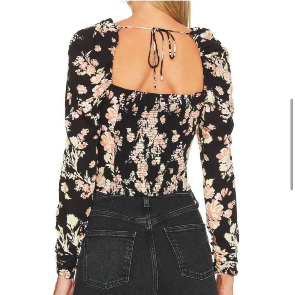 Free People Floral Black Puff Sleeve Top